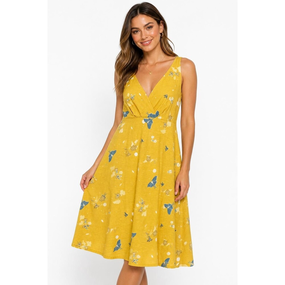 Patagonia Dress Womens L Yellow Floral V Neck Sleeveless Organic Cotton